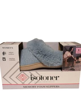 isotoner Women's Light Blue Plush Clog Slippers